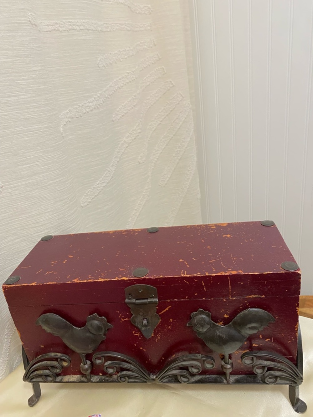 Vintage Wrought Iron Chicken Trinket Box Burgundy Red Farmhouse